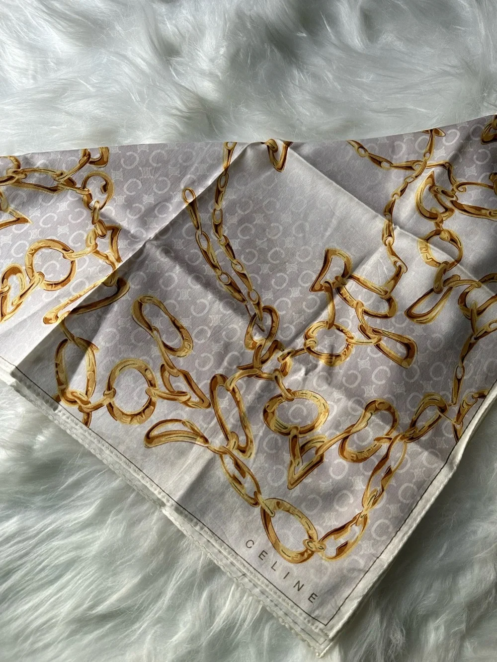 Celine Paris Vintage Gold Chain Monogram Square Scarf 19x19